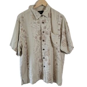 Hawaiian Reserve Men's Silk Button-Up Shirt Sz L Tan Tropical Cottagecore Resort